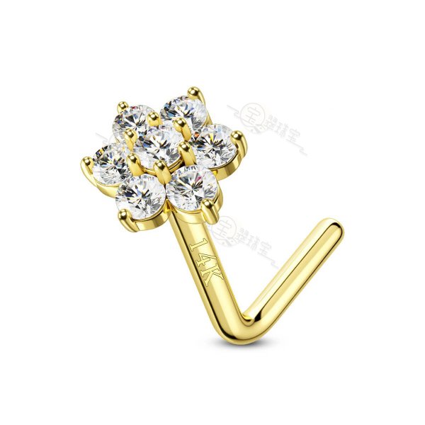 14K Solid Gold 20G Flower Top L-Shape Nose Ring