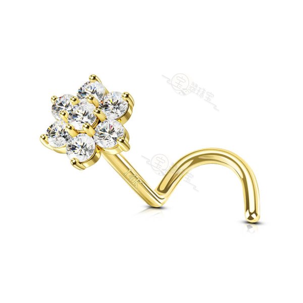 14K Solid Gold 20G Flower Top S-Shape Nose Screw