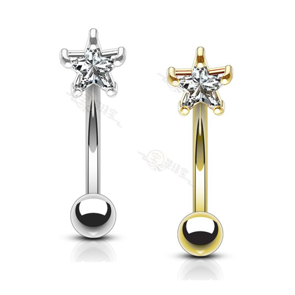 Eyebrow Ring Curved Barbell 14K Solid Gold with Prong Star Cubic Zirconia