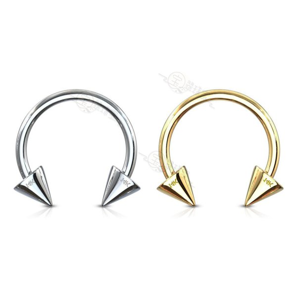 14G-16G 14K Solid Gold Horseshoe Circular Barbell Spike End Nose Ring Hoops Septum Piercing Jewelry 5/16