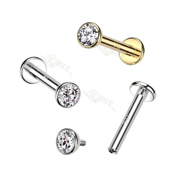 Internally Threaded Labret Flat Back Stud 14 Karat Gold 3mm Wide Face CZ Bezel Set Ball 16 Gauge Good for Ear Lip Nose and More