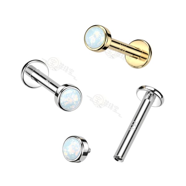 Flat Back Stud Internally Threaded With Flat Back Bezel Set Opal Top 14 Karat Gold 16 Gauge