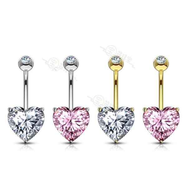 Heart CZ or Opal Prong Set 14 Karat Solid Gold Belly Button Ring 14ga