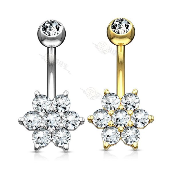 Flower Clear CZ 14 Karat Solid Gold Belly Button Ring 14ga