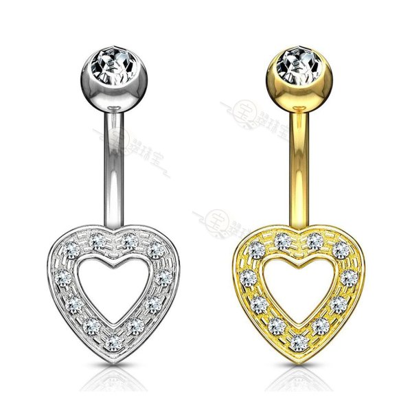 Heart Charm Clear CZ 14 Karat Solid Gold Belly Button Ring 14ga