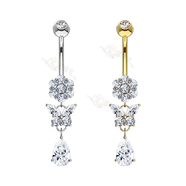  Dangle Belly Button Ring 14G 14K Solid Gold Curved Barbell Flower Butterfly Clear CZ Belly Rings Navel Piercing Jewelry 10mm