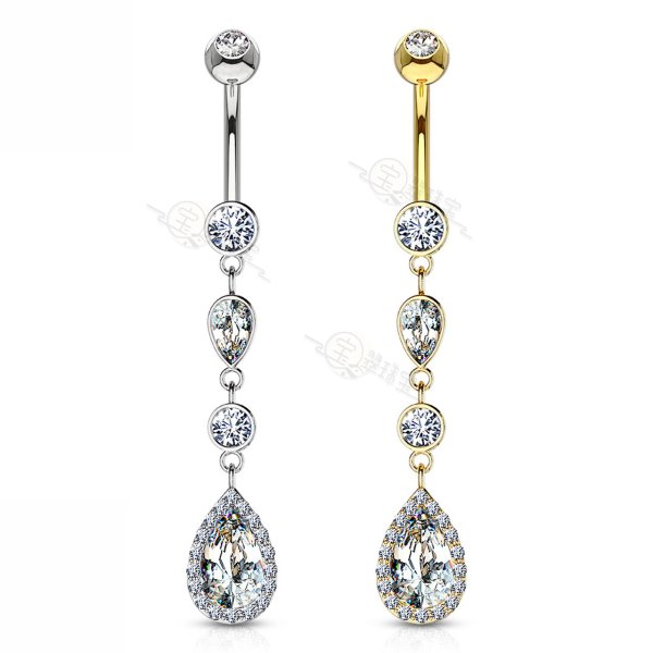 14KT Solid White Gold and Yellow Gold Navel Ring - Cascading Teardrop Dangle with Multi Paved CZ