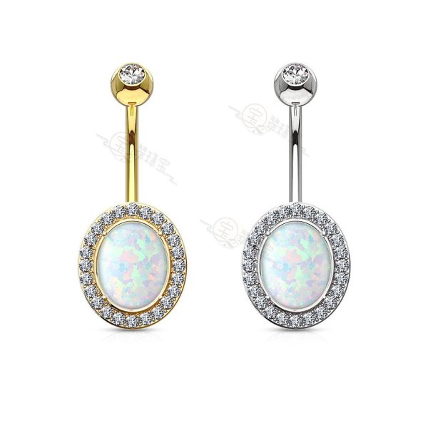 Oval Opal Center with Clear CZ Frame Solid 14KT Gold Non Dangle Belly Button Ring 