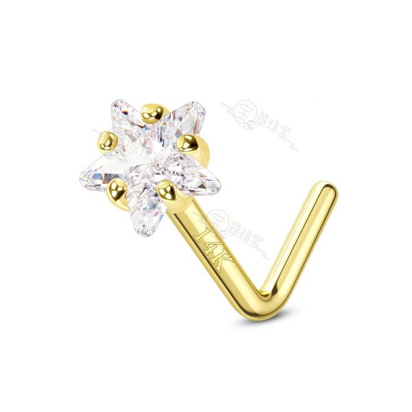 14K Solid Gold 20G Star Top L-Shape Nose Ring