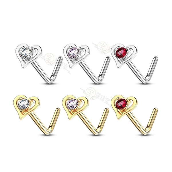 14Kt Solid Gold L Bend Nose Ring with Prong Set Round CZ Center Hollow Heart 20 Gauge