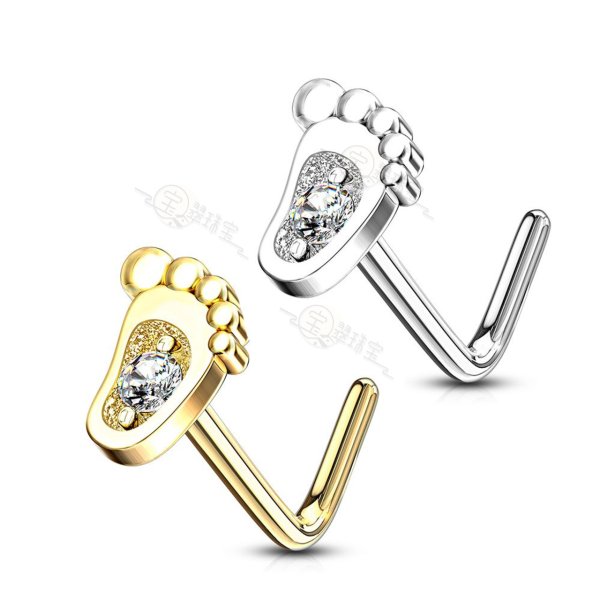 14Kt. Gold L-Shape Baby Foot Design with Micro CZ Center Set Nose Ring 20ga