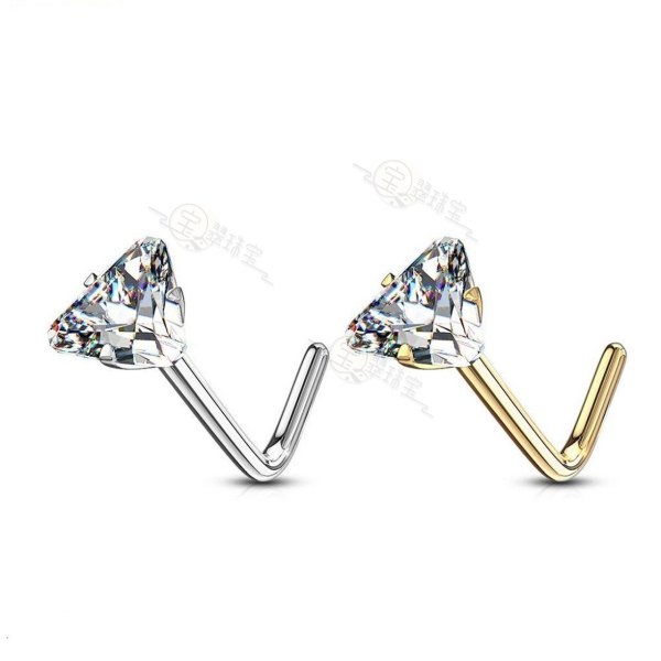 14Kt Solid Gold L Bend Nose Ring with Prong Set Triangle CZ 20 Gauge