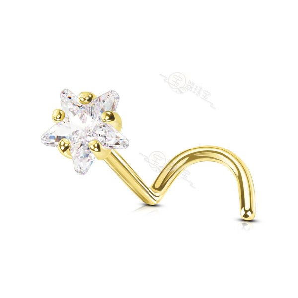 14K Solid Gold 20G Star Top S-Shape Nose Screw