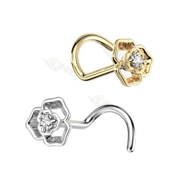 14K Solid Gold Centered Flower CZ Top Nose Screw