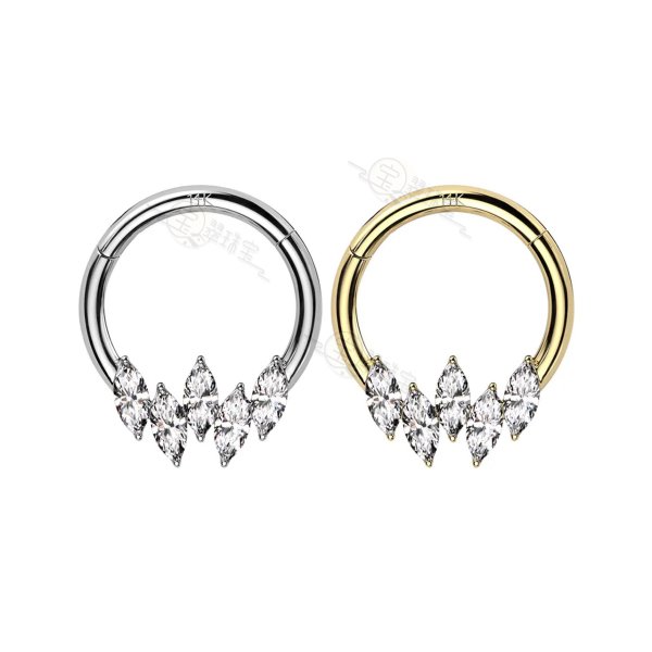 Marquis Segment Rings 16G 14K Solid Gold Marquise Clear CZ Hinged Clicker Septum Ring Hoop Earring Piercing Jewelry 10mm 8mm