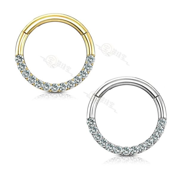 14K Gold CZ Paved half Circle Hinged Hoop Rings for Nose ,Septum, Daith 16ga