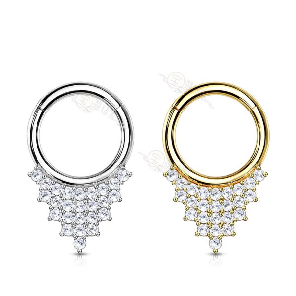 Hoop Ring with CZ Paved Triangle 14kt Solid Gold Hinged Segment Septum Ring