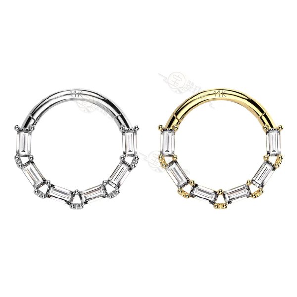 Nose Rings 16G Solid Gold Facing Baguette CZ Hinged Clicker Segment Rings Hoop Septum Piercing Jewelry 5/16