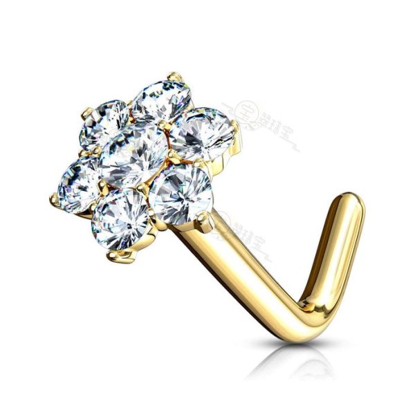 14KT Solid Gold L Bent Flower CZ Nose Ring Stud