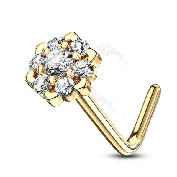 14Kt. Gold L Bend Nose Ring with Prong Set CZ Centered Gem Paved Outter Circle 6 Point Flower