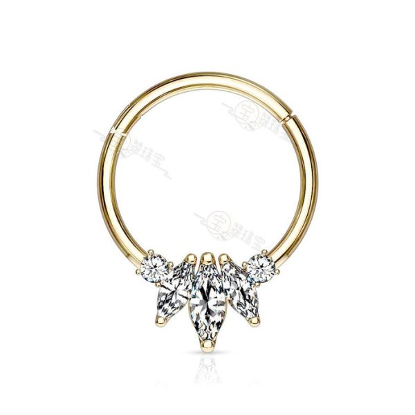 14KT Gold Septum Ring Clicker Hoop with 3 White CZ Marquise Crystals 