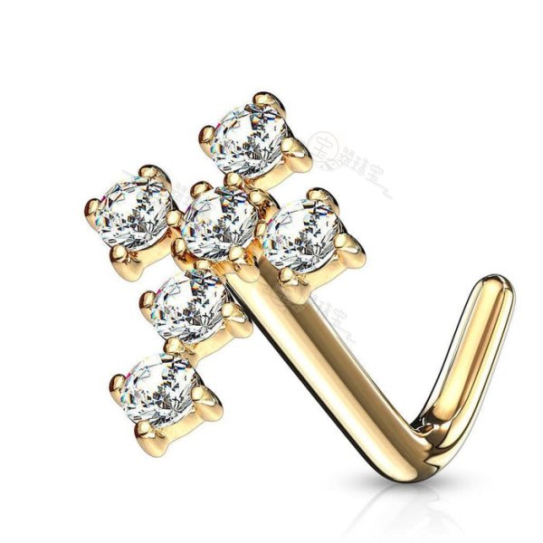 14KT Gold L Bent Cross CZ Nose Ring Stud