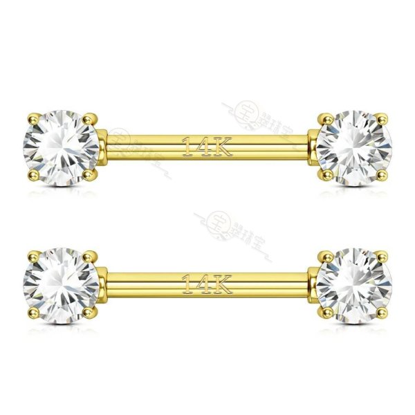 14K Gold 14G Round CZ or Opal Nipple Barbell Rings