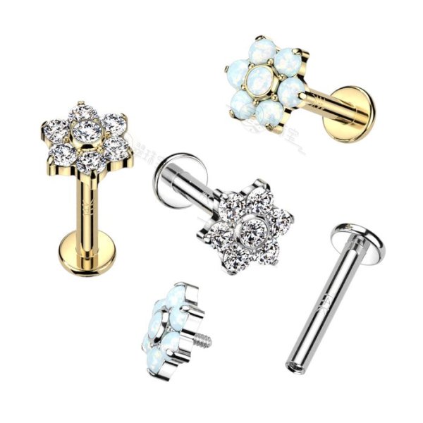 14K Gold Internally Threaded Labret, Flat Back Stud With CZ or Opal Set Flower Top