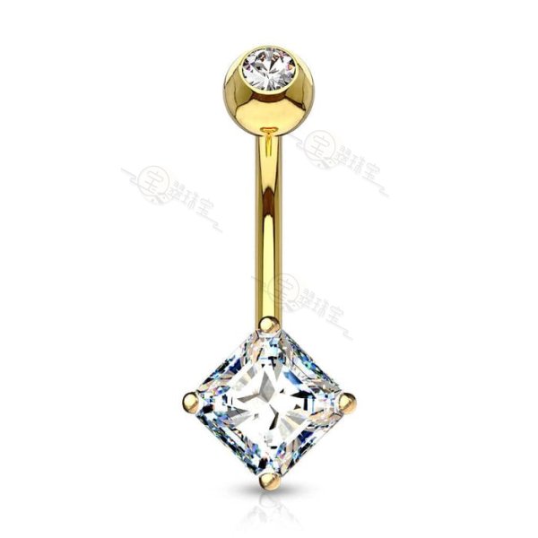 14KT Gold White Princess Cut Prong CZ Belly Button Ring