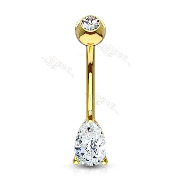 14KT Solid Gold Tear Drop White CZ or Opal Belly Ring