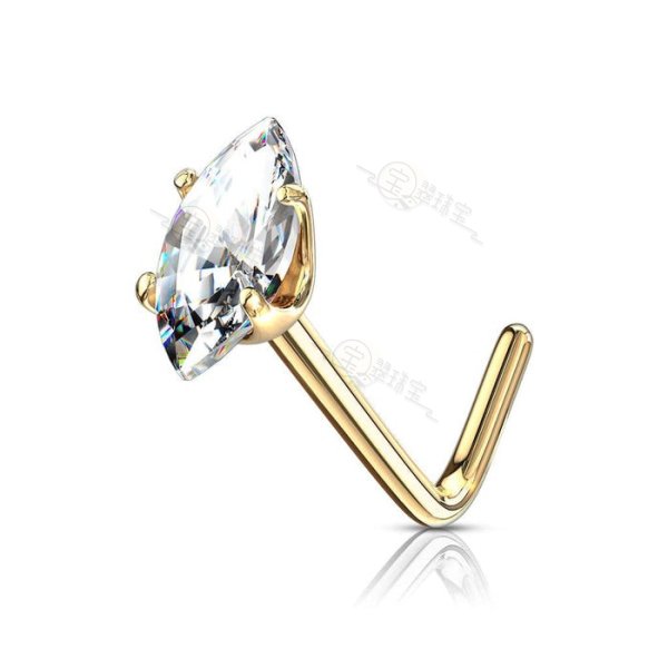 14KT Solid Gold L Shape White Marquise CZ Nose Ring Stud