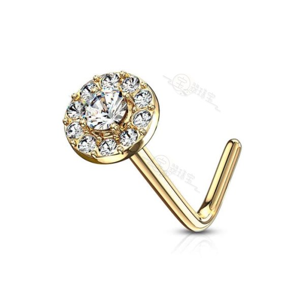 14Kt. Gold L Bend Nose Stud Rings with Double Tier CZ Paved Round Top