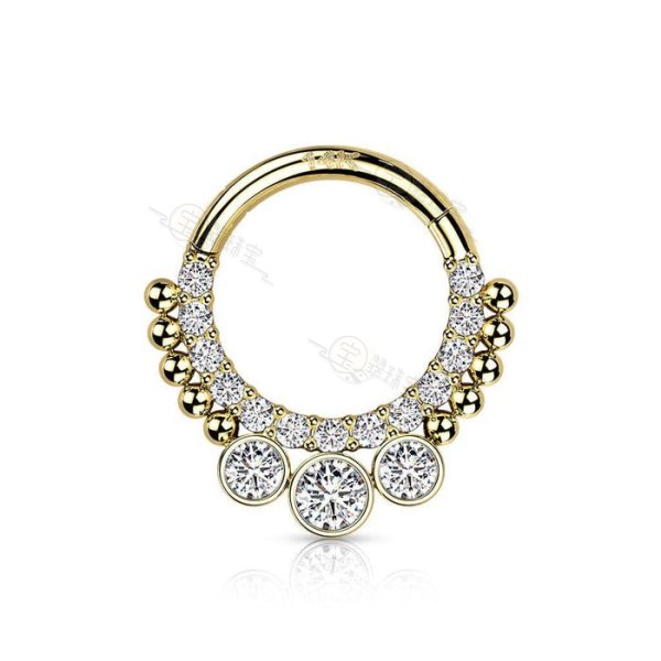 14KT Gold Beaded White CZ Bezel Center Hinged Septum Clicker Hoop