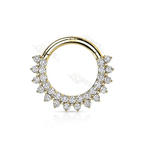 14KT Gold Double Layer Pave White CZ Hinged Septum Clicker Hoop