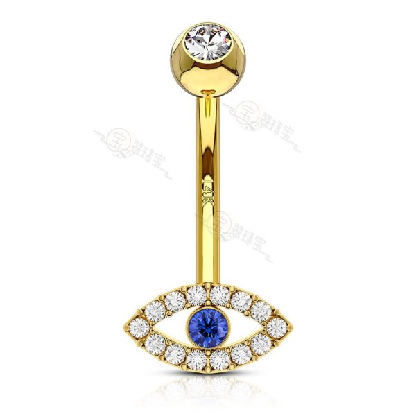 14K Solid Gold Sapphire CZ Evil Eye Belly Button Ring