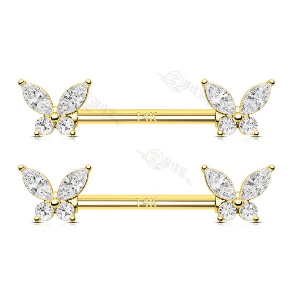 14K Solid Gold Butterfly Shape Nipple Barbell