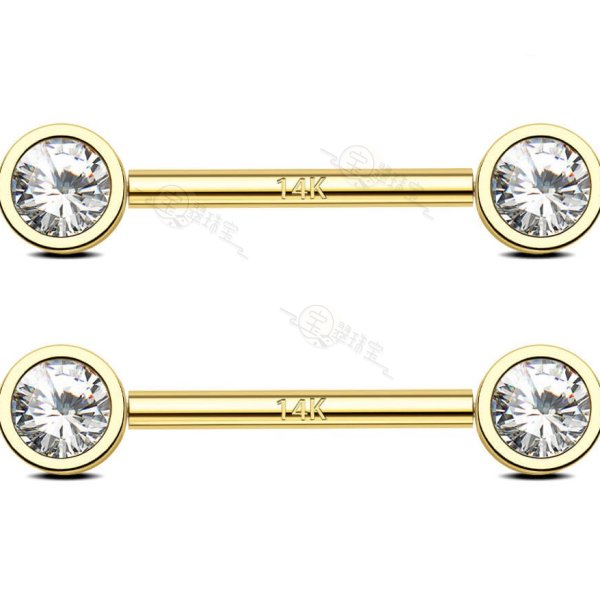 14K Solid Gold Nipple Barbell Set Push Pin Bezel Set CZ