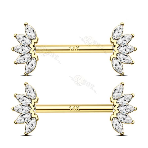 14K Solid Gold Nipple Barbell Set Push Pin Marquise CZ 