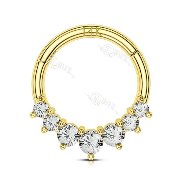 14K Solid Gold Forward Facing 7 CZ Hinged Segment Hoop Ring