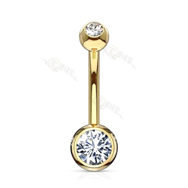 14KT Solid Gold Double White Ball CZ Gem Belly Button Ring