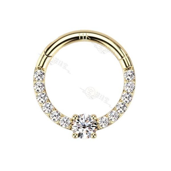 14K Solid Gold Pave CZ White Gem Center Septum Daith Hinged Clicker Hoop