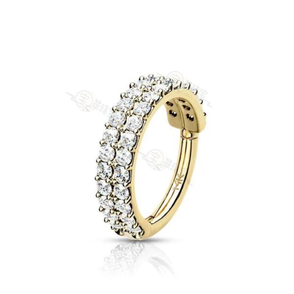 14KT Solid Gold Double Line Clear CZ Ear Cartilage Hinged Clicker Hoop