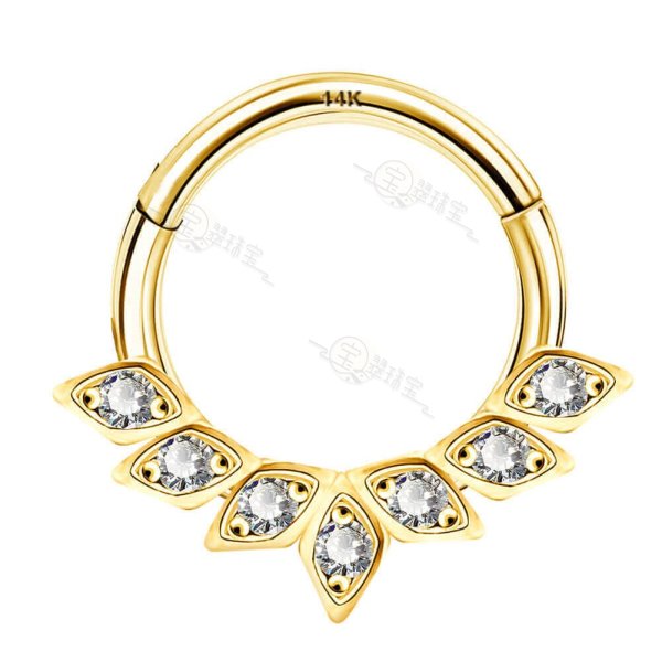 14K Solid Gold Daith Earring CZ Cluster Hinged Segment Hoop