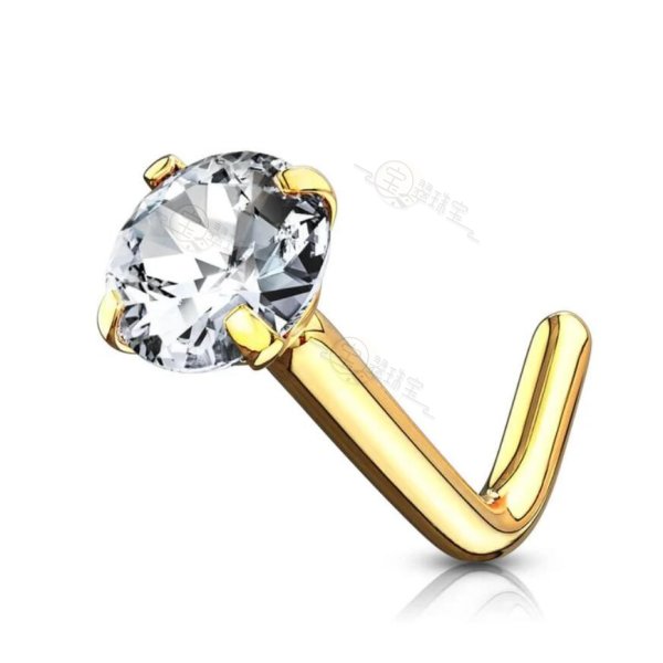 14K Solid Gold 20G L Bednd Round CZ Nose Stud