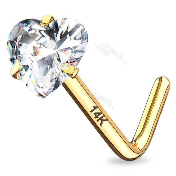 14K Solid Gold L Bend Heart CZ Nose Stud