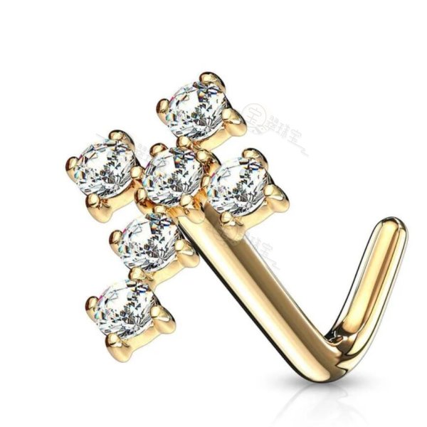 14K Solid Gold L Bend Cross CZ Nose Ring Stud