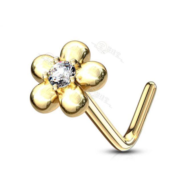 14K Solid Gold L Bend Flower Nose Ring