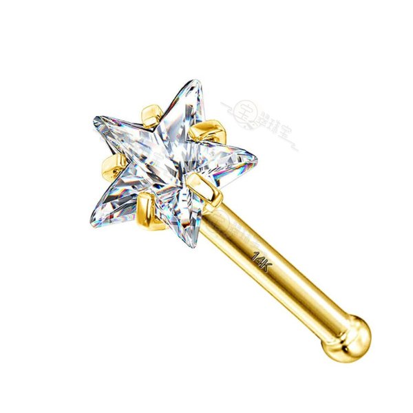 14K Solid Gold Star CZ Nose Stud