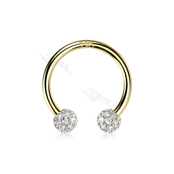 14K Solid Gold Externally Threaded Horseshoe With CZ Paved Balls