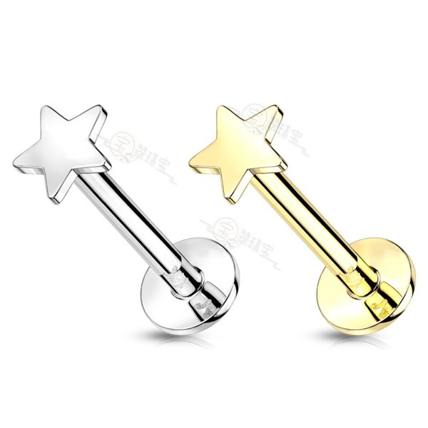 14K Gold Threadless Push-In Labret With 3mm Flat Star Top